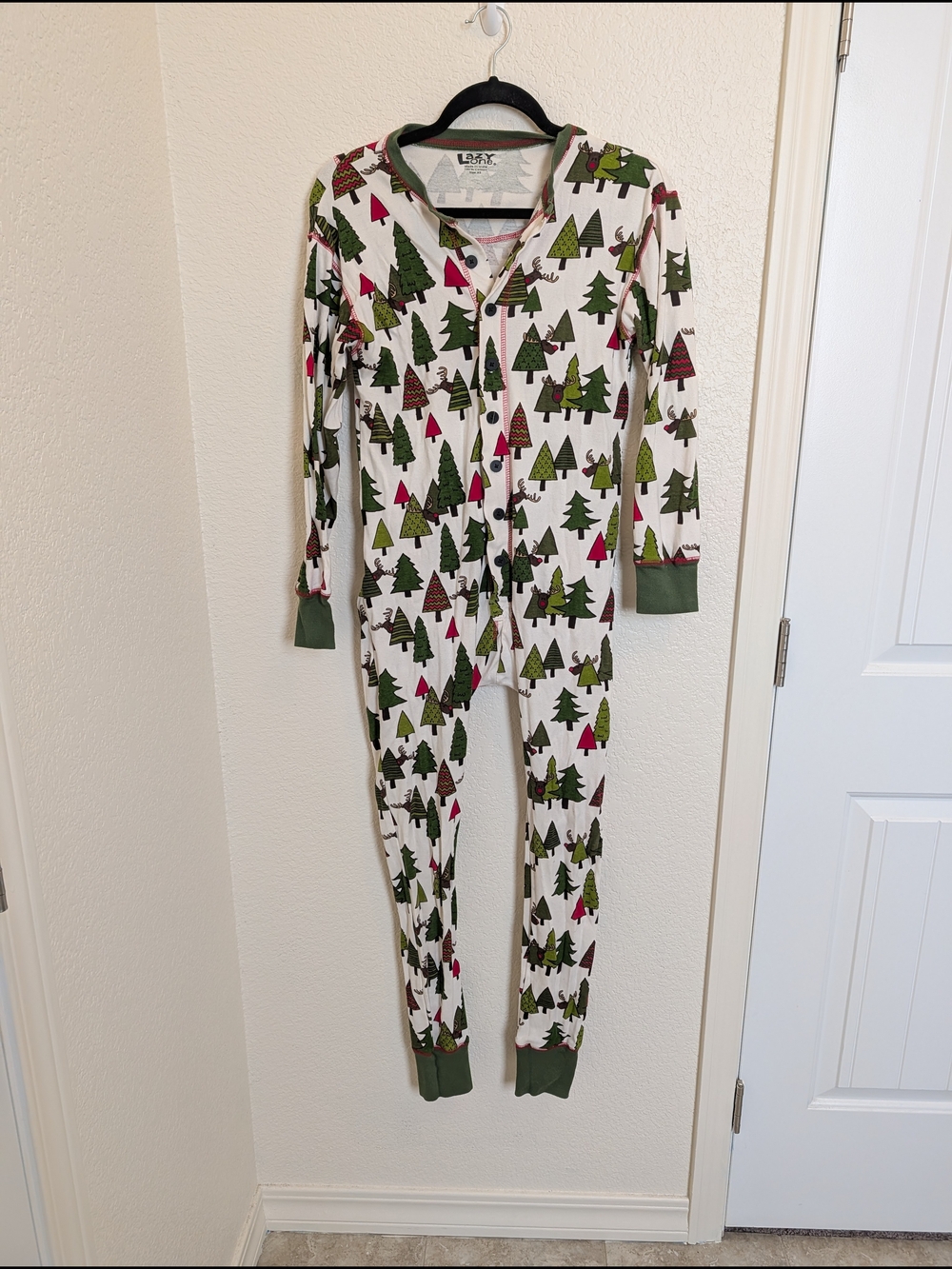 Lazy One Long John Pajamas Mens Womens XS No Peeking Trees Reindeer 100% Cotton